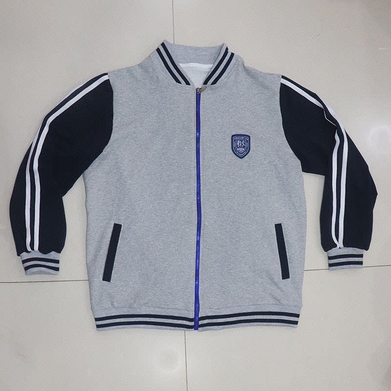 兰州来图定制秋冬款中学纯棉校服上衣外套浅灰拼深蓝袖运动班服