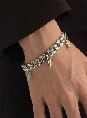 钛钢手链 十字架时尚钛钢手链潮流ins古巴链暗黑街头配饰冷淡风链