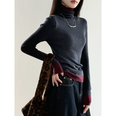 撞色高领套头针织打底衫女 冬季休闲修身长袖内搭上衣