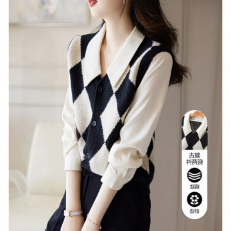 法式复古拼接菱格假两件衬衫女装秋冬新款别致设计感小众针织