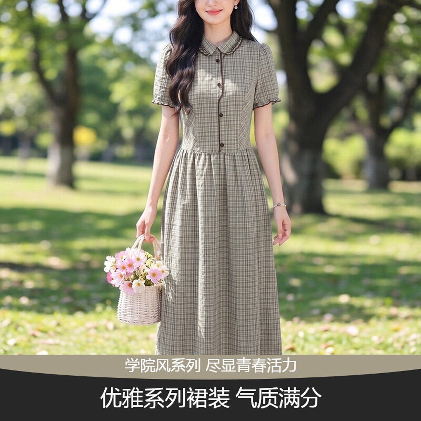 夏季优雅学院格子修身A字连衣裙