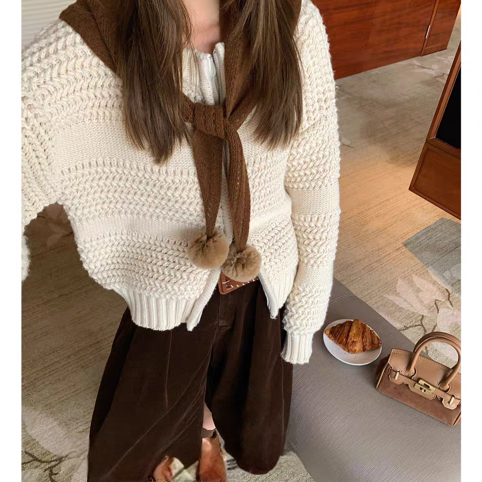 MLS 浮雕织梦 双拉链勾花毛衣女冬季新款2025宽松休闲粗针针织衫