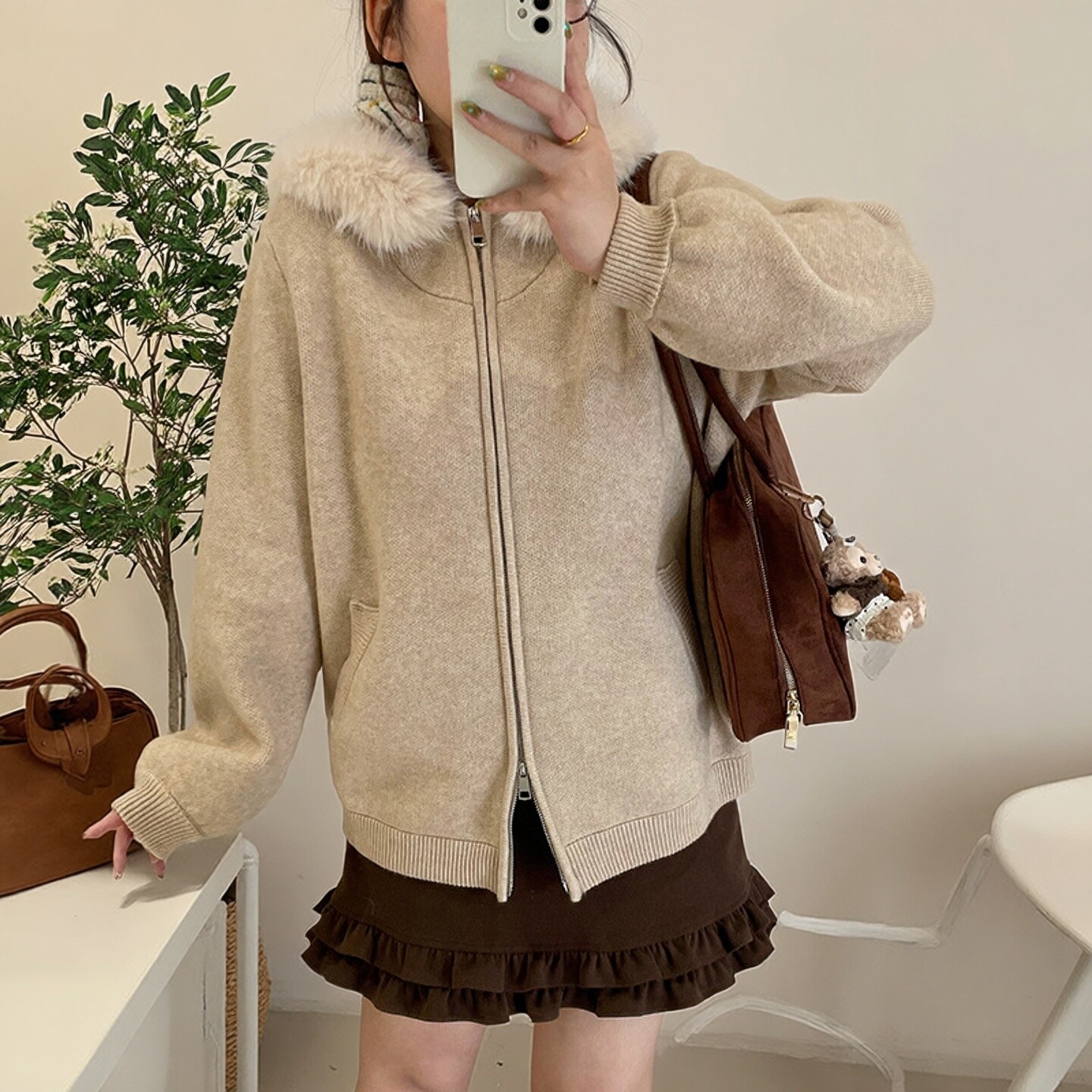 大码女装毛领连帽外套女毛衣2025冬款胖mm百搭宽松针织开衫