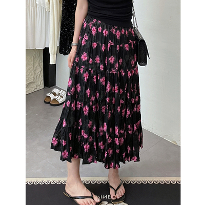 褶皱复古拼接高腰碎花半身裙女