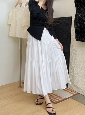MC家自制 春季百褶白色拼接大摆a字裙半身裙长裙高腰伞裙2024新款
