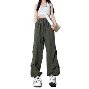 军绿色美式伞兵工装裤男款秋季褶皱速干裤子垂感灯笼裤束脚运动裤