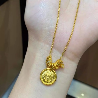 水贝黄金足金999古法吊坠素黄财神项链送女友礼物DIY