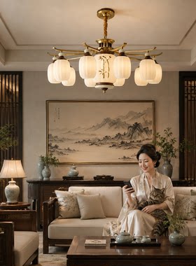 宋氏美学中古风全铜玻璃客厅吊灯
