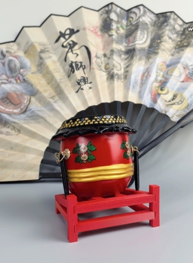 魅力龙狮《南狮鼓》红色鼓摆件鼓架树脂工艺醒狮文创道具桌面装饰