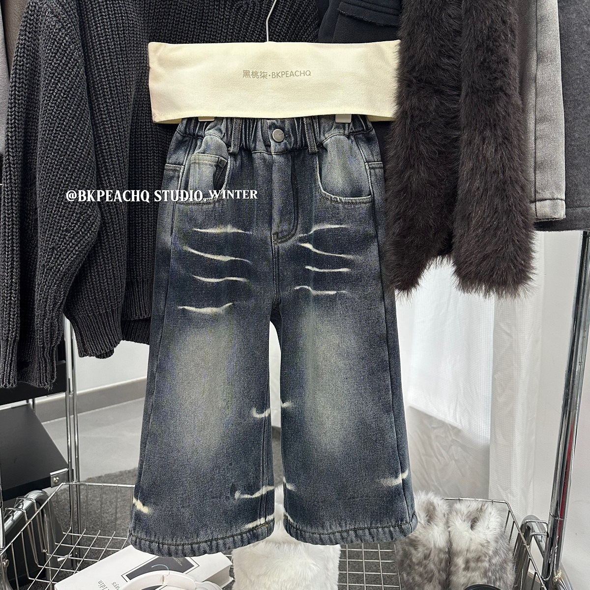 黑桃柒童装男童美式爪痕加厚加绒牛仔裤保暖儿童冬装一体绒长裤子