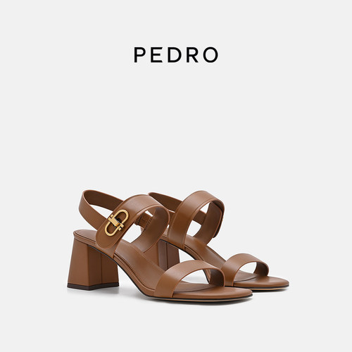 PEDRO方跟牛皮凉鞋26夏季新款女鞋一字带粗跟凉鞋PW1-25580425