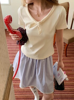 3th Morning 氧系韩女 设计感海军风娃娃领结显瘦短袖T恤ZY3971