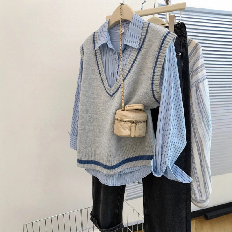 KANING韩系V领拼色针织马甲女2026早秋新款叠穿坎肩毛衣背心外穿