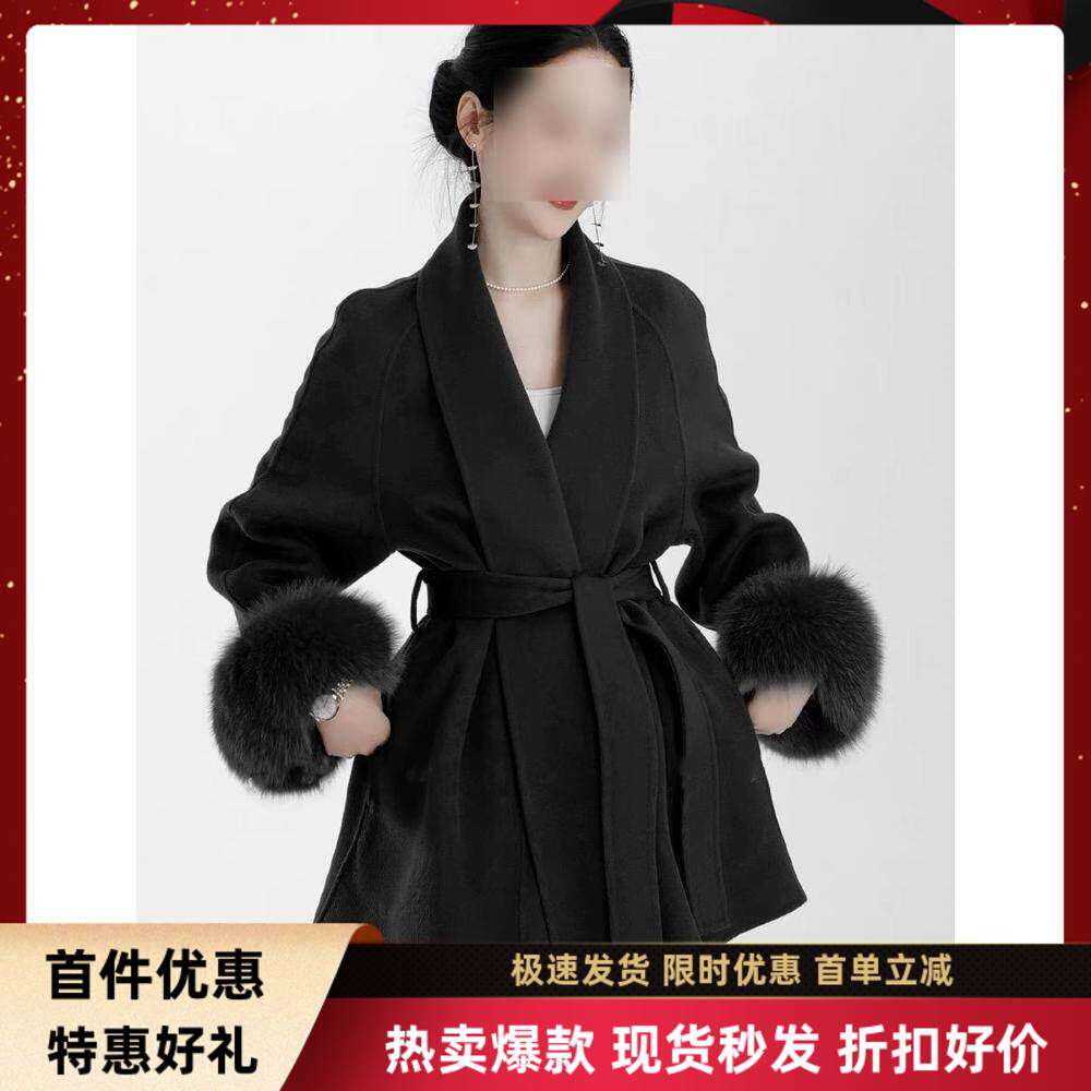 范感牛角内胆可脱卸狐狸毛袖中长款双面气质女呢大衣秋冬毛呢外套