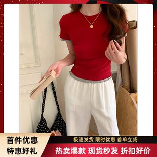 3th Morning 早春新款 撞色花边拼接圆领修身短袖T恤ZY3939
