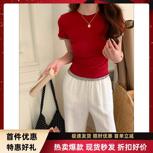 thMorning早春新款撞色花边拼接