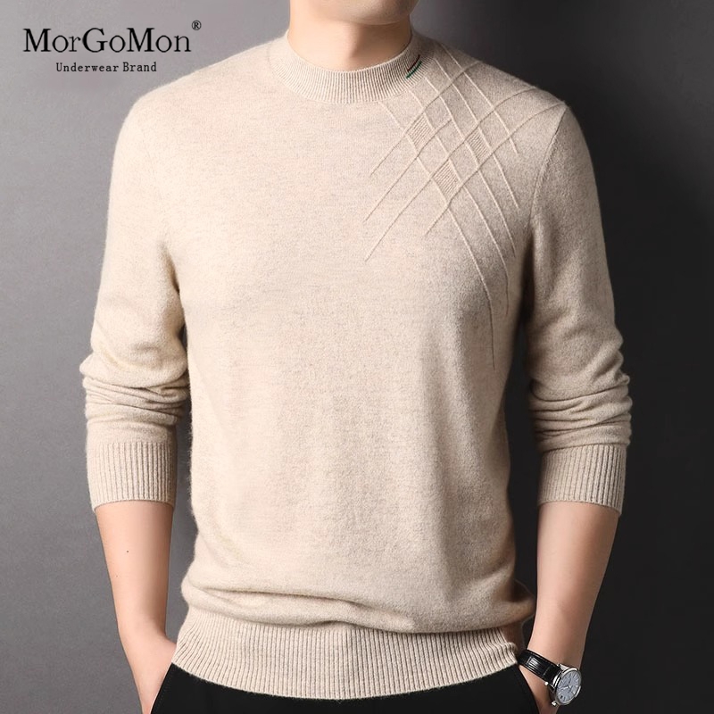 羊绒衫男100纯羊绒半高领条纹