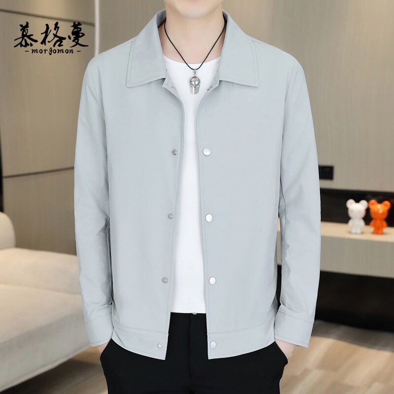 夏季男士薄款防晒衣翻领商务休闲冰丝外套帅气行政夹克纯色上衣