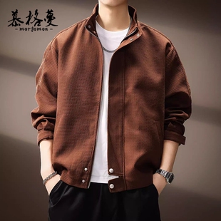 夹克男春秋季新款复古潮流格纹立领简约百搭宽松休闲长袖外套男士