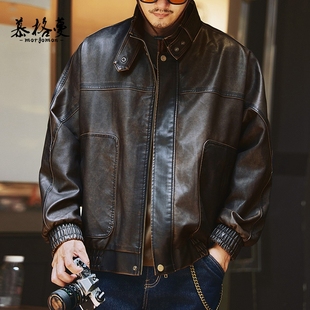 高端复古机车皮衣外套男秋季 商务夹克外套男 宽松休闲硬汉痞帅工装