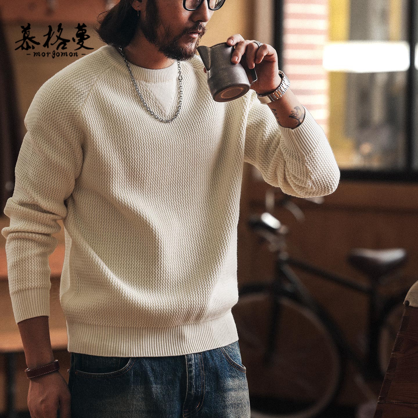 高端美式重磅7针粗线男士毛衣冬