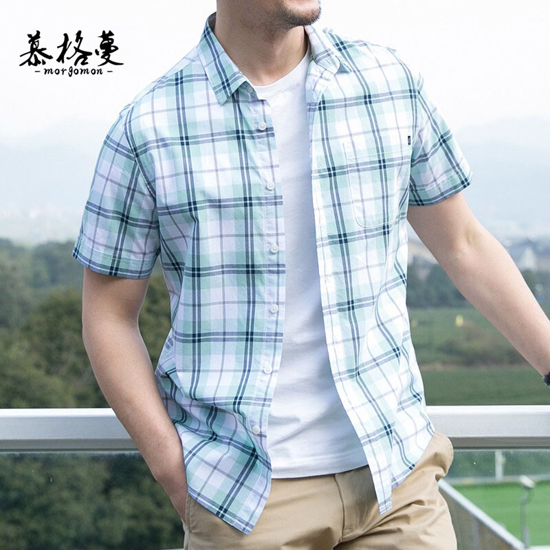 男士短袖格子衬衫夏季商务休闲翻领衬衣男装时尚潮流大码休闲衬衣