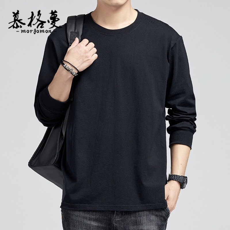 长袖T恤男休闲重磅纯棉打底衫春秋圆领纯色宽松卫衣服内搭体恤男