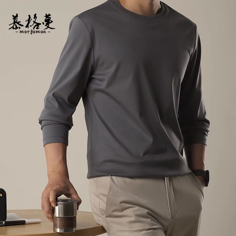 男士圆领长袖T恤秋冬新款柔软舒适纯棉丝光棉体恤高端白色打底衫