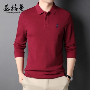本命年红色长袖t恤男春秋新款商务休闲polo衫翻领刺绣上衣体恤男