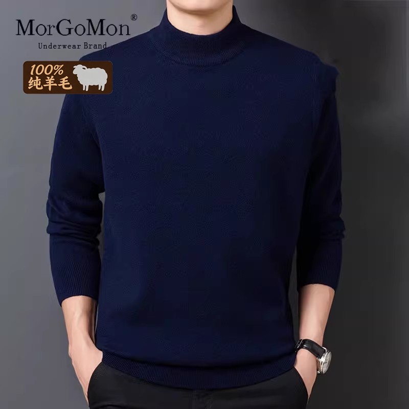 羊毛衫男加厚保暖毛衣休闲打底衫男宽松红色半高领100纯羊毛衫男