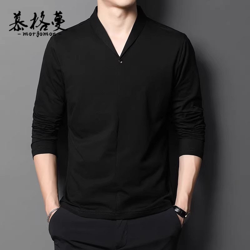 长袖t恤男士新款春秋小翻领个性休闲POLO衫纯色V领大码打底衫上衣