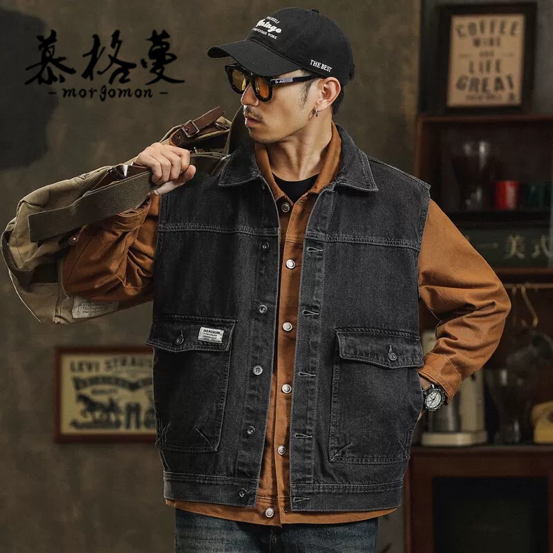 美式复古工装牛仔马甲男百搭宽松