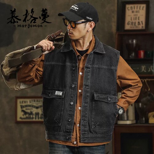 美式复古工装牛仔马甲男百搭宽松