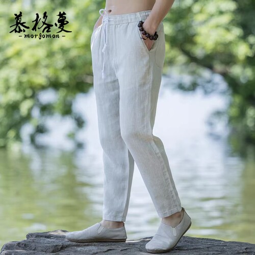 100%亚麻新中式男薄款透气休闲裤