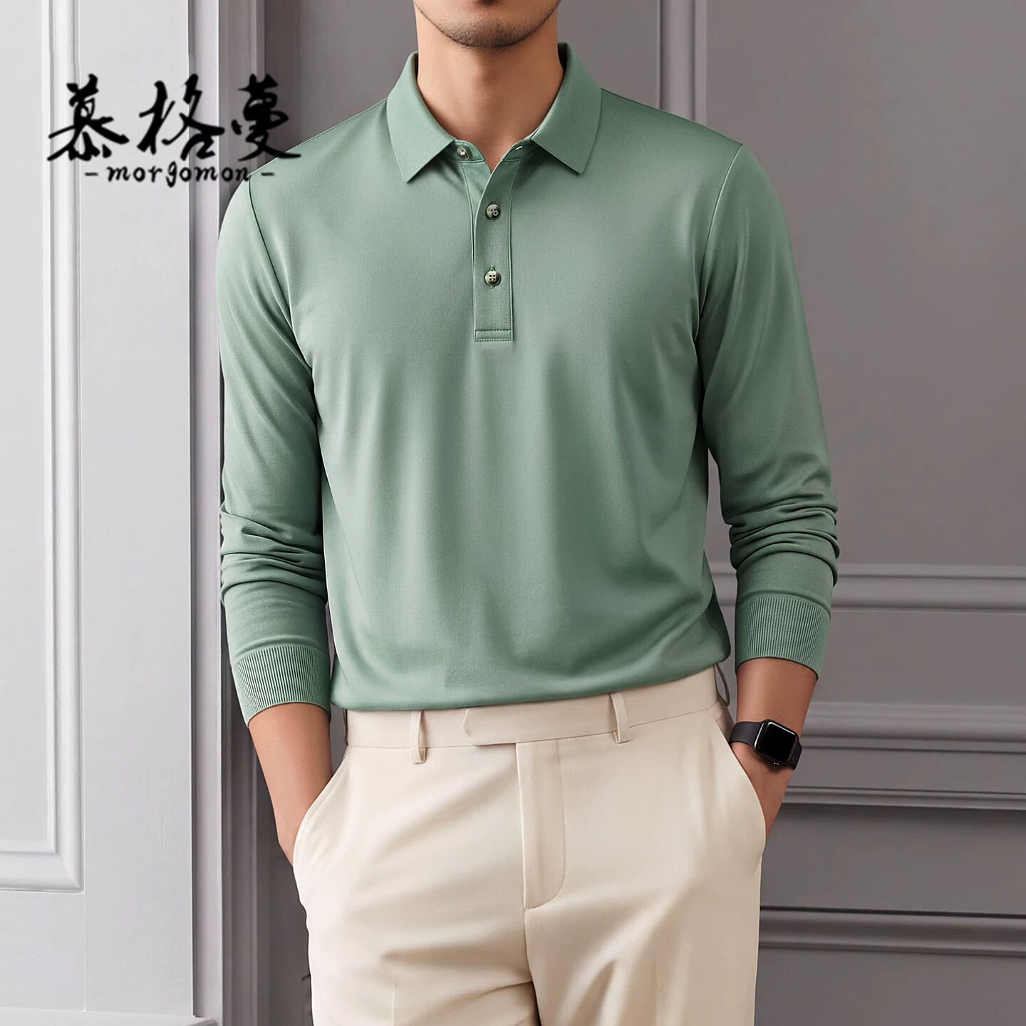 商务休闲长袖POLO衫男翻领T恤绿色高端男装上衣休闲百搭简约T恤