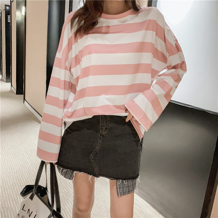 2023早春ins长袖女港味宽松学生韩版条纹t恤慵懒风上衣cec超火潮