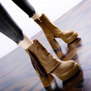 厚底磨砂流苏短靴子2025秋冬新款覆古防水台超高跟靴加绒裤管靴女