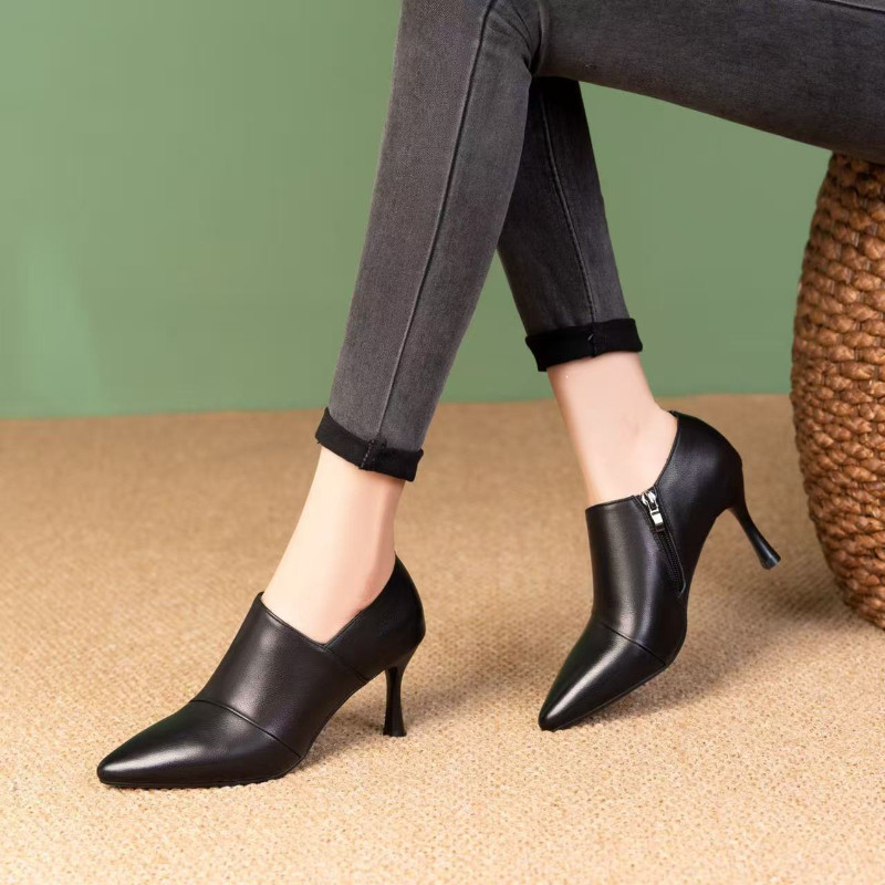 真皮细跟深口单鞋女2025春秋新款尖头高跟鞋百搭舒适软皮女士皮鞋