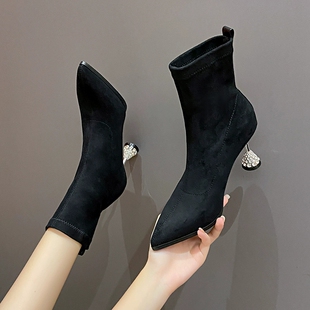 真皮磨砂瘦瘦弹力袜子靴女春大东尖头水钻细跟高跟鞋秋冬加绒短靴