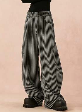 BCFR美式复古宽松慵懒松弛感阔腿休闲裤男女款竖条纹直筒拖地