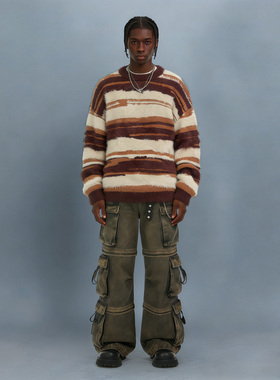 BCFR彩色条纹仿貂毛圆领毛衣男秋冬新款宽松慵懒风套头针织衫