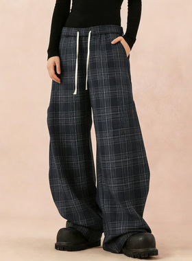 BCFR美式复古格纹休闲裤垂感百搭加绒宽松直筒卫裤潮