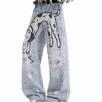 FLASH ELF斑点狗涂鸦牛仔裤春秋新款男女通用宽松直筒潮流个性