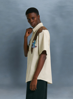 BCFR夏季日系复古童趣小熊条纹短袖衬衫男女宽松条纹衬衣