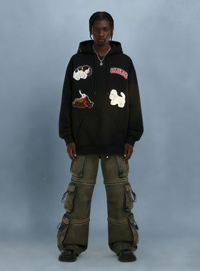 BCFR美式小狗字母秋冬刺绣贴连帽卫衣潮牌男装2025百搭外套