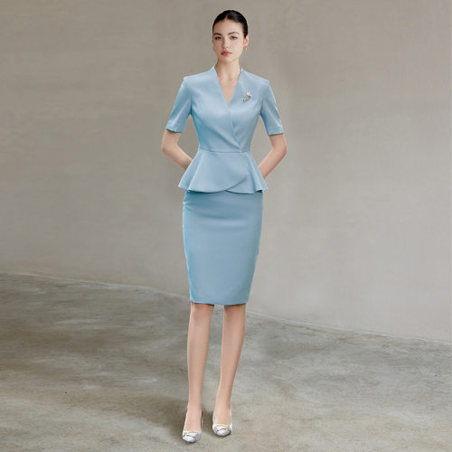 高端浅蓝色工作服女商务接待工装
