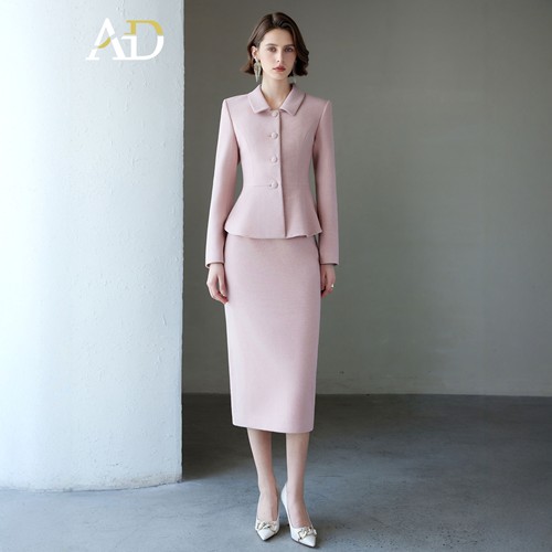 AD粉色毛呢小香风名媛范套装礼服