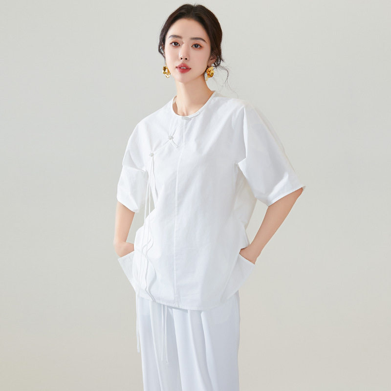 新中式国风白色衬衫女清冷感斜襟