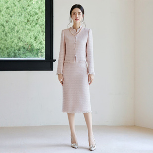 国风小香风套装秋冬中式盘扣立领短外套粉色粗花呢富家千金感轻奢