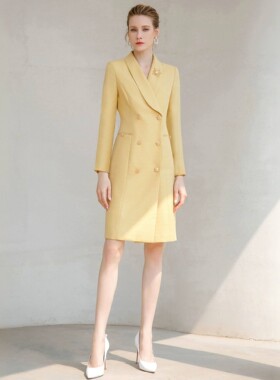 AS春秋高端洋气黄色OL西装连衣裙长袖主持人职业装女时尚宴会礼服